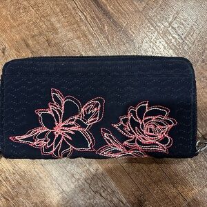 Vera Bradley Black Wallet with Pink Floral Embroidery NWOT